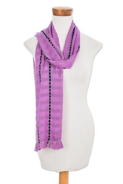Alternate image for Handwoven Striped Cotton Scarf in Wisteria from Guatemala Youthful Spring