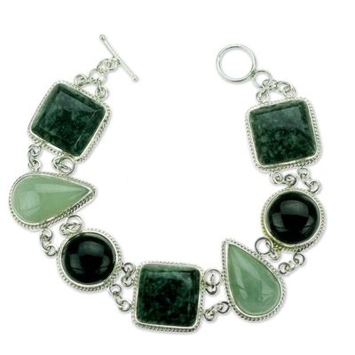 Alternate image for Green and Black Jade on Sterling Silver Bracelet Natural Geometry