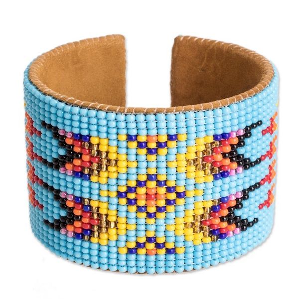 Alternate image for Beaded Leather and Suede Cuff Bracelet Handmade in Guatemala Native Designs in Light Blue