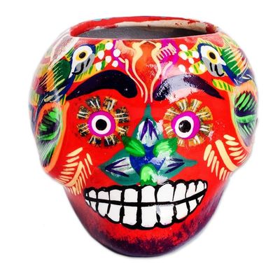 Alternate image for Multicolor Skull-Like Ceramic Mini Flower Pot from Guatemala Herbaceous Cranium
