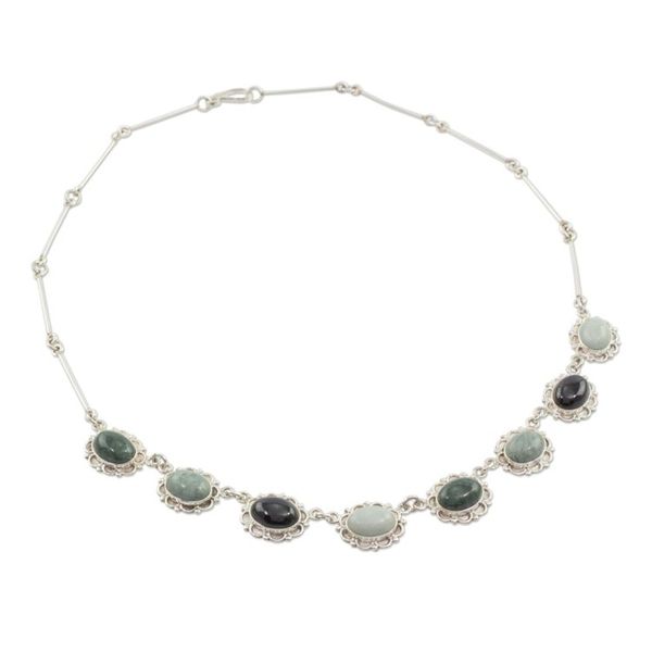 Alternate image for Guatemalan Hand Crafted Multi Color Jade and Silver Necklace Colorful Dahlias