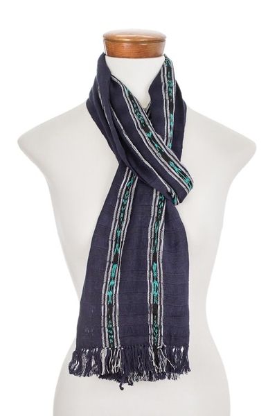Alternate image for Handwoven Cotton Wrap Scarf in Navy from Guatemala Ocean Subtlety