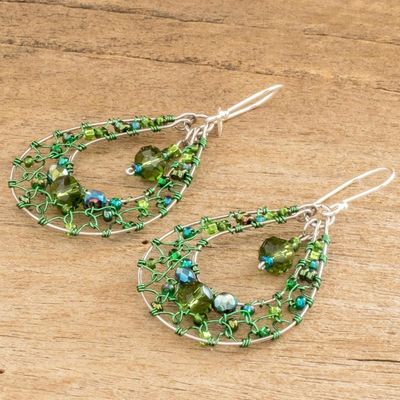 Alternate image for Double Drop Dangle Earrings with Green Crystals and Filigree Green Drop Sparkle