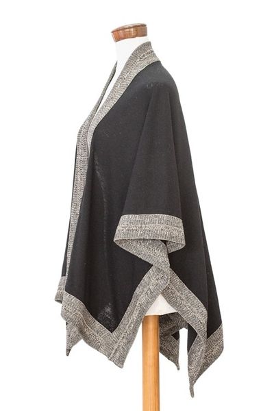 Alternate image for Bordered Black Cotton Ruana Handloomed in Guatemala Nocturnal Valley