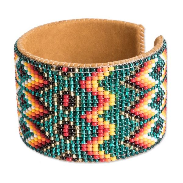 Alternate image for Beaded Leather and Suede Cuff Bracelet Handmade in Guatemala Geometric Diversity