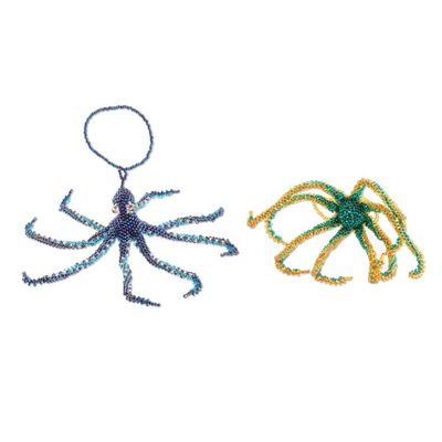 Alternate image for Hand-Beaded Glass Octopus Ornaments from Guatemala Pair Marine Beauty