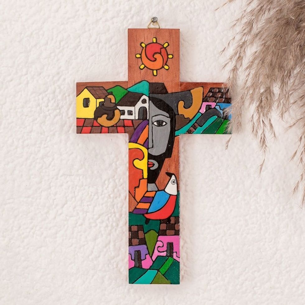 Handcrafted Pinewood Wall Cross from El Salvador 'Possession of Two Hearts'