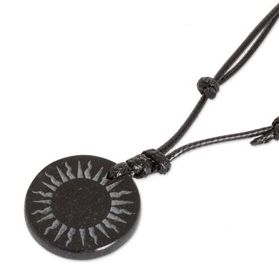 Alternate image for Carved Sun on Black Jade Round Pendant Cord Necklace Total Eclipse