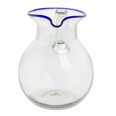 Alternate image for Clear Blue Rimmed Hand Blown Recycled Glass Pitcher Clear Seas