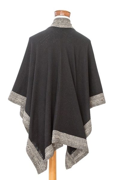 Alternate image for Bordered Black Cotton Ruana Handloomed in Guatemala Nocturnal Valley