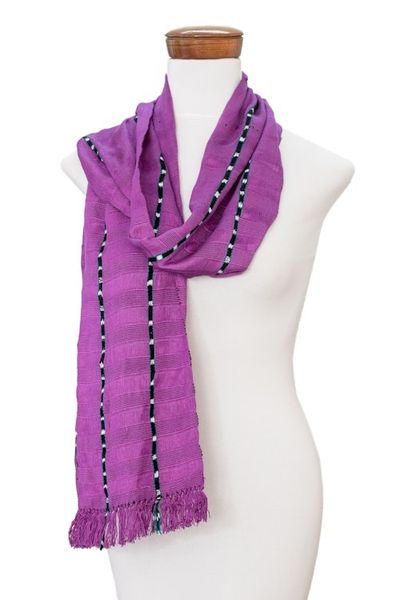 Alternate image for Handwoven Striped Cotton Scarf in Wisteria from Guatemala Youthful Spring