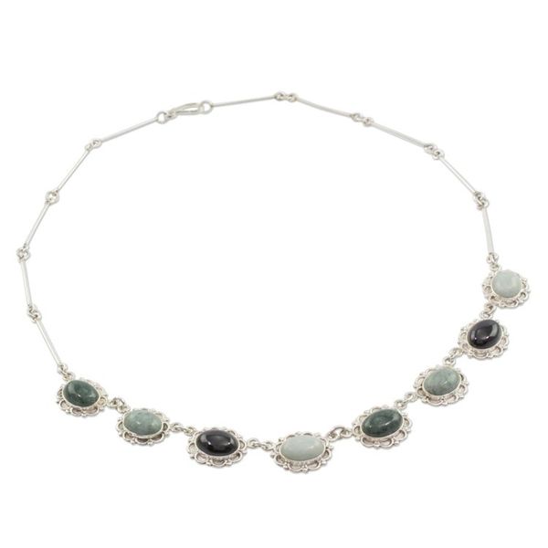 Alternate image for Guatemalan Hand Crafted Multi Color Jade and Silver Necklace Colorful Dahlias