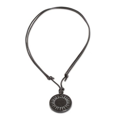 Alternate image for Carved Sun on Black Jade Round Pendant Cord Necklace Total Eclipse