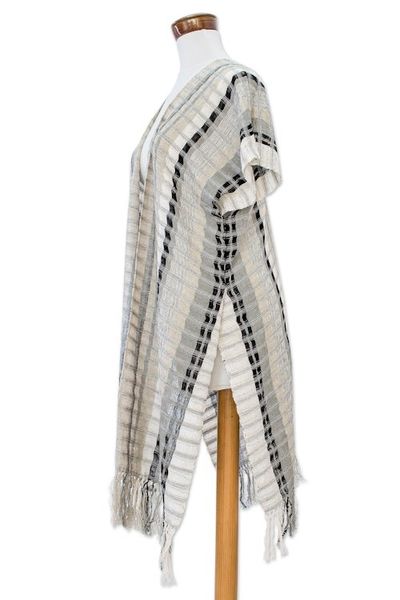 Alternate image for Handwoven Striped Cotton Kimono Jacket from Guatemala Time of Elegance