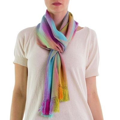 Alternate image for Pastel Multi Color Guatemalan Scarf Hand Woven Rayon Iridescent Rainbow Pastel