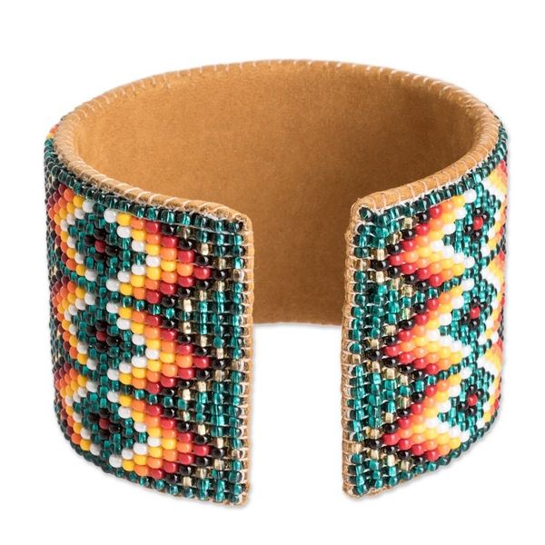Alternate image for Beaded Leather and Suede Cuff Bracelet Handmade in Guatemala Geometric Diversity
