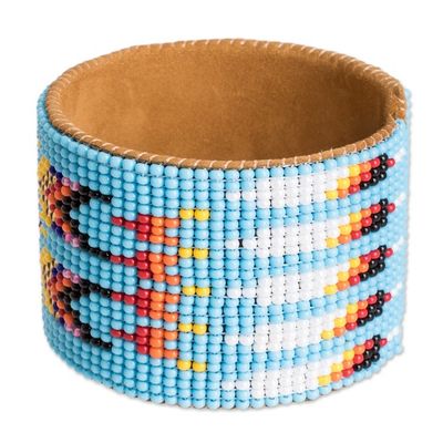 Alternate image for Beaded Leather and Suede Cuff Bracelet Handmade in Guatemala Native Designs in Light Blue