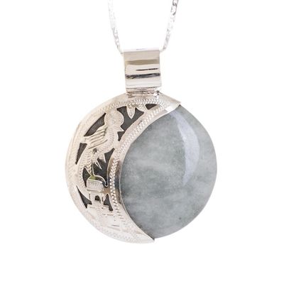 Alternate image for Reversible Silver Pendant Necklace with 2 Shades Green Jade Quetzal Lord Eclipse