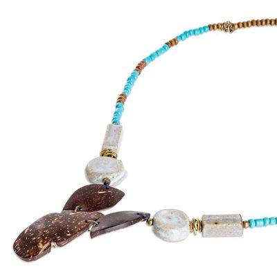 Alternate image for Handmade Coconut Shell Ceramic and Glass Beaded Y Necklace Fallen Leaves