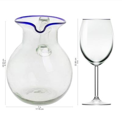 Alternate image for Clear Blue Rimmed Hand Blown Recycled Glass Pitcher Clear Seas