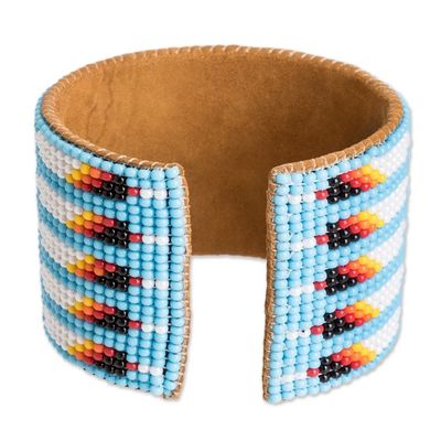Alternate image for Beaded Leather and Suede Cuff Bracelet Handmade in Guatemala Native Designs in Light Blue