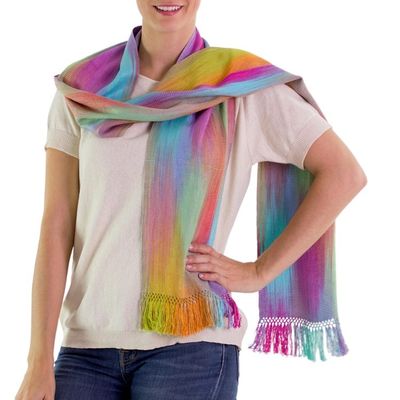 Alternate image for Pastel Multi Color Guatemalan Scarf Hand Woven Rayon Iridescent Rainbow Pastel