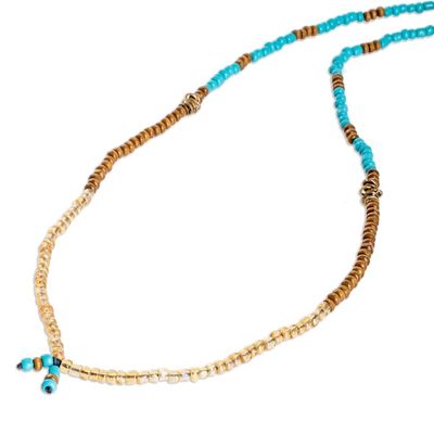 Alternate image for Handmade Coconut Shell Ceramic and Glass Beaded Y Necklace Fallen Leaves