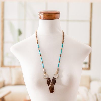Alternate image for Handmade Coconut Shell Ceramic and Glass Beaded Y Necklace Fallen Leaves
