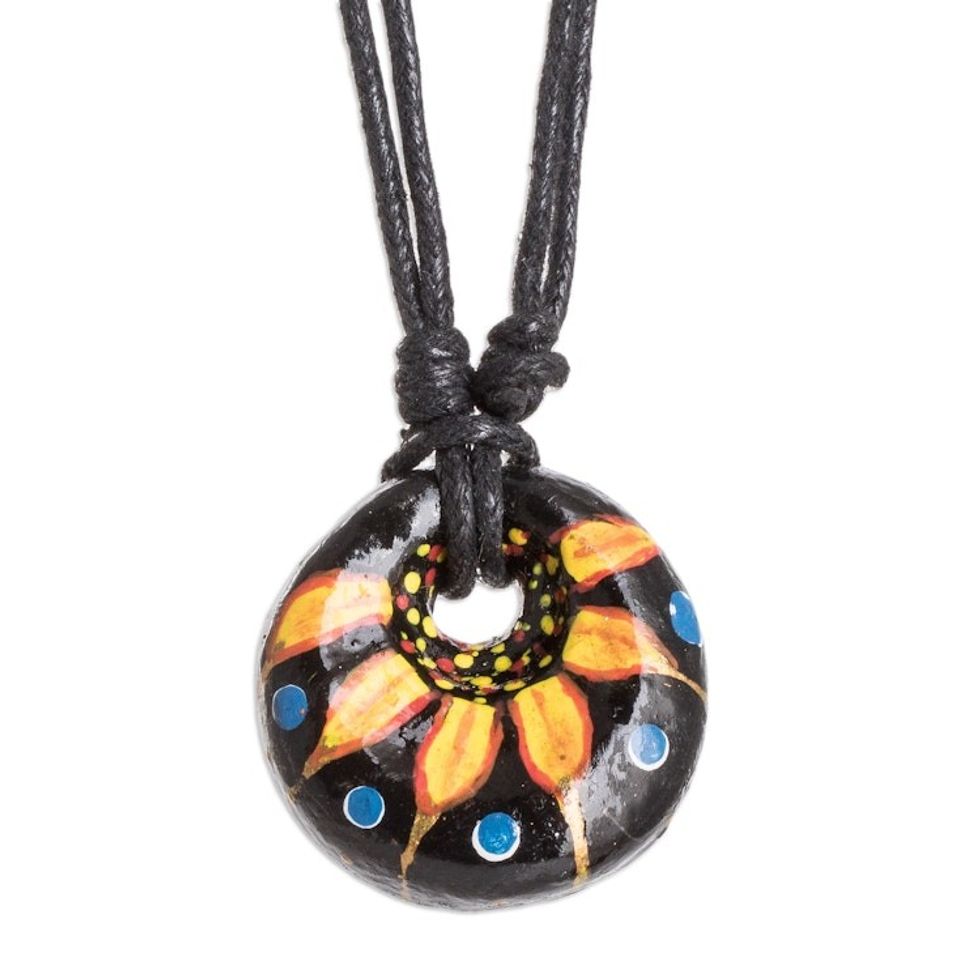 Floral Adjustable Painted Ceramic Pendant Necklace in Yellow 'Night's Yellow Grace'