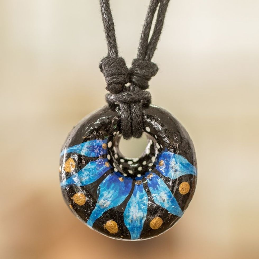 Floral Adjustable Painted Ceramic Pendant Necklace in Blue 'Night's Blue Grace'