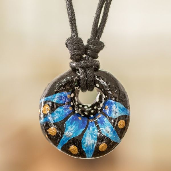 Alternate image for Floral Adjustable Painted Ceramic Pendant Necklace in Blue Nights Blue Grace