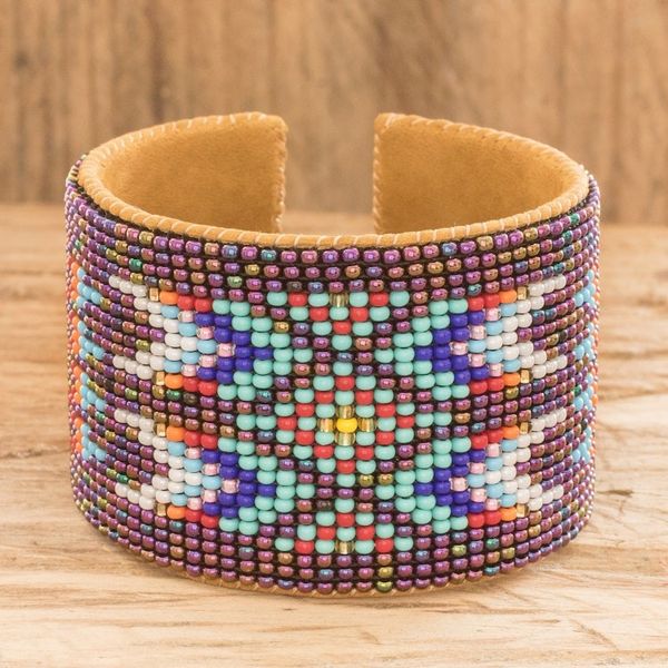 Alternate image for Beaded Leather and Suede Cuff Bracelet Handmade in Guatemala Ancestral Patterns