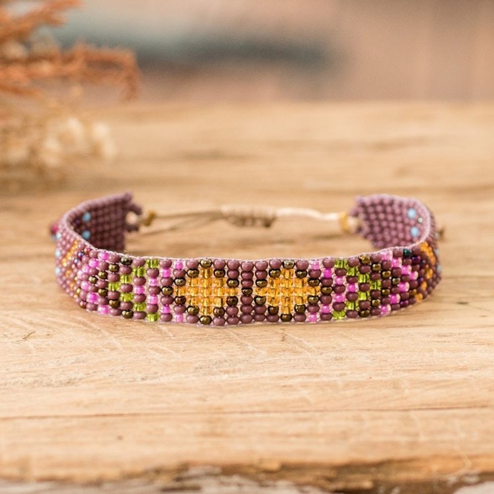 Geometric Purple and Golden Glass Beaded Wristband Bracelet 'Majestic Atitlan'