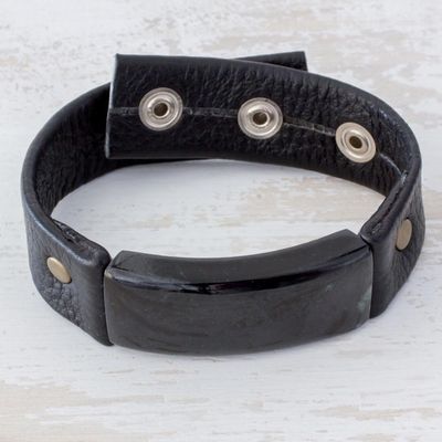 Alternate image for Jade and Leather Wristband Bracelet from Guatemala Black Fortress