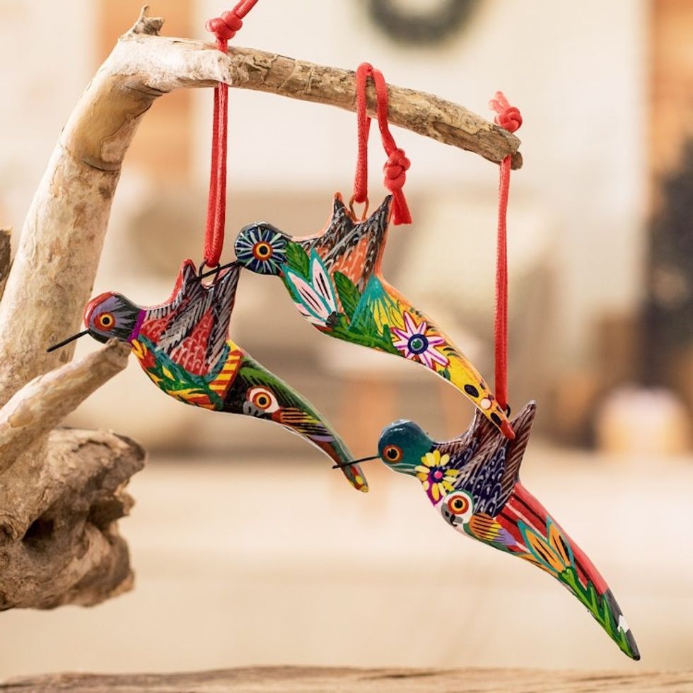 6 Ceramic Ornaments Hummingbird Handcrafted in Guatemala 'Guatemalan Hummingbirds'