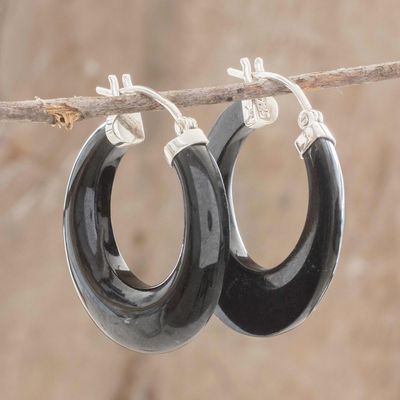 Alternate image for Black Jade and Sterling Silver Hoop Earrings from Guatemala Volcanic Energy