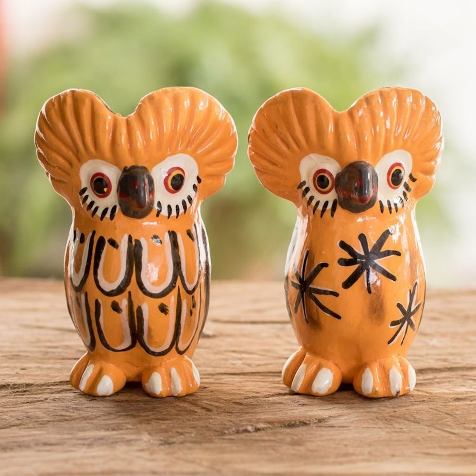 Owl-shaped Pair of Orange Ceramic Figurines from Guatemala 'Happy Tecolote Family'