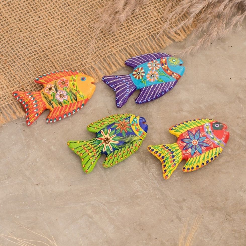 Set of 4 Fish-Themed Hand-Painted Colorful Ceramic Magnets 'Marine Festival'