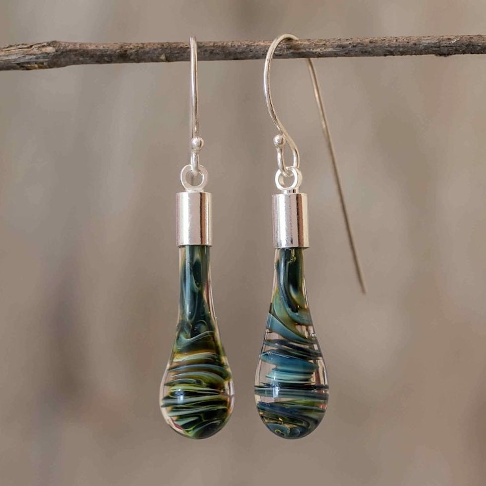 Costa Rica Artisan Crafted Art Glass Earrings with Silver 'Cool Vortex'