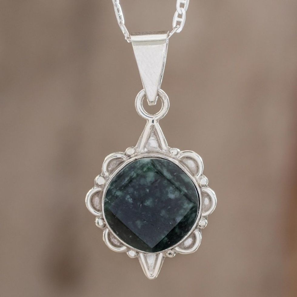 Dark Green Guatemalan Jade Necklace in Sterling Silver 'North and South'