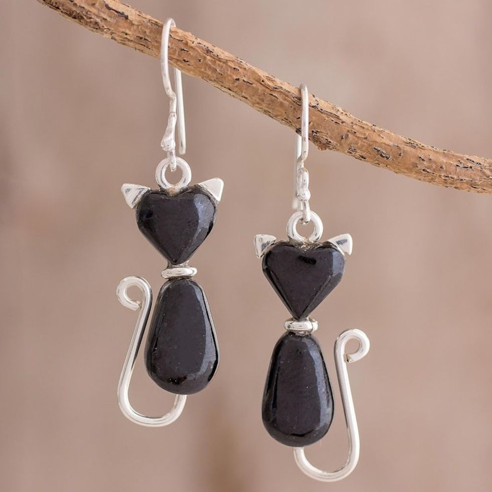 Jade Cat Dangle Earrings in Black from Guatemala 'Cats of Love in Black'