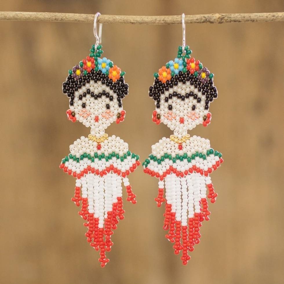 Handmade Frida Kahlo Glass Bead Earrings from Guatemala 'Kahlo'