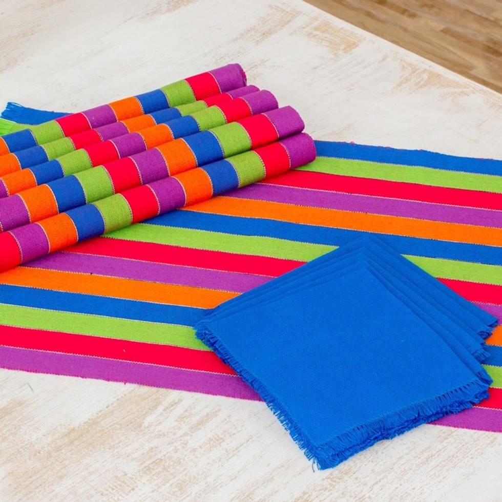 Six Multicolored Striped Cotton Placemats and Napkins 'Harvest Trails'