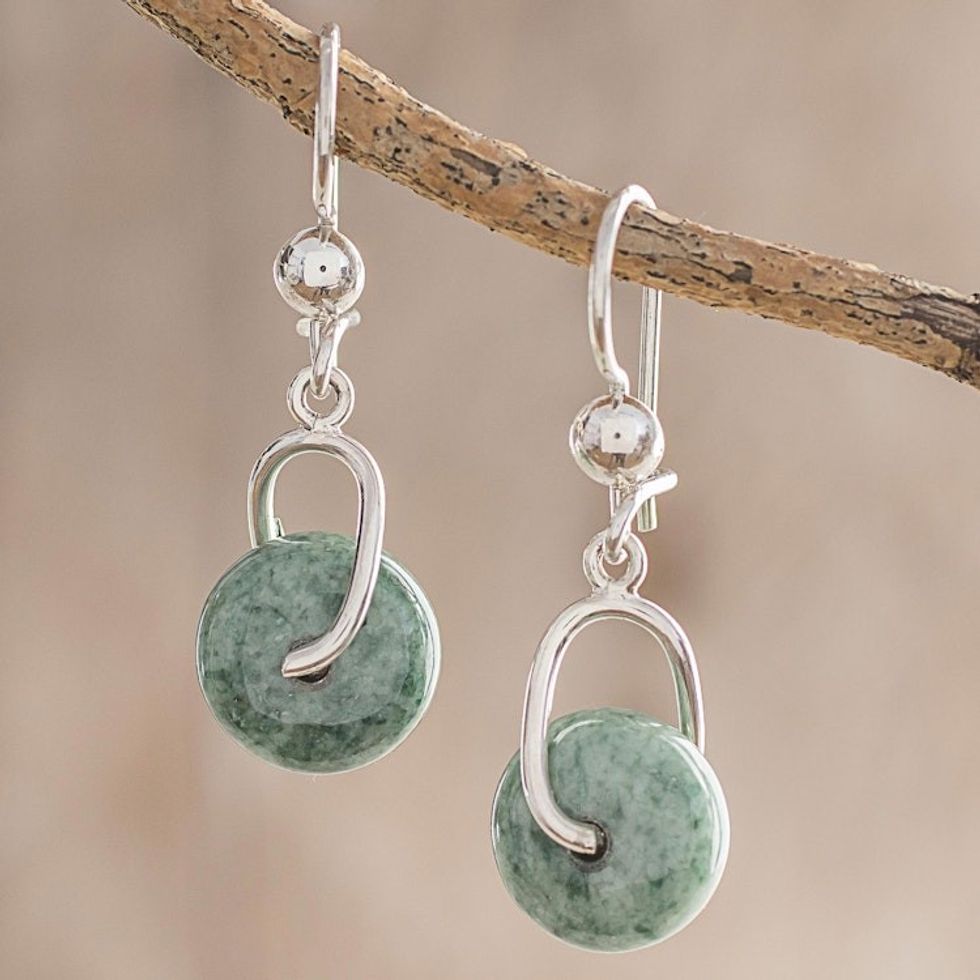 Circular Light Green Jade Dangle Earrings from Guatemala 'Light Green Wheel of Fortune'