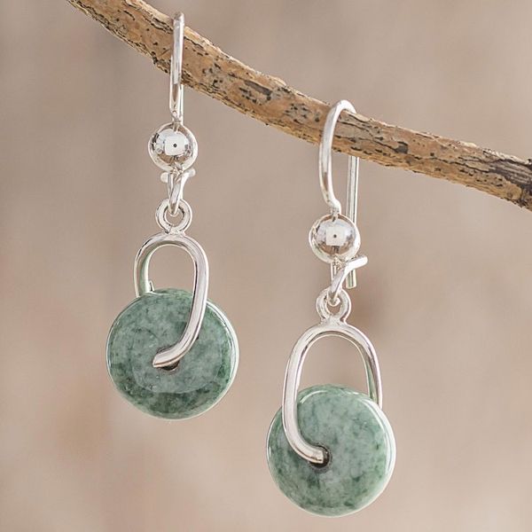 Alternate image for Circular Light Green Jade Dangle Earrings from Guatemala Light Green Wheel of Fortune