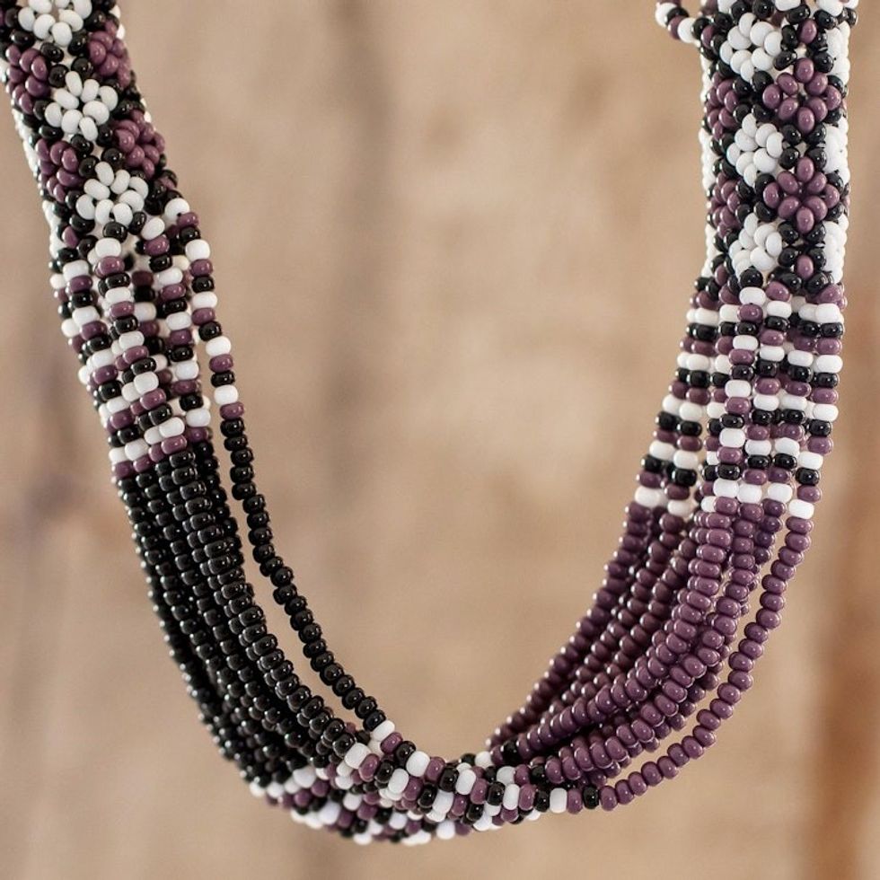 Purple and Black Long Beaded Necklace 'Black and Plum Harmony'