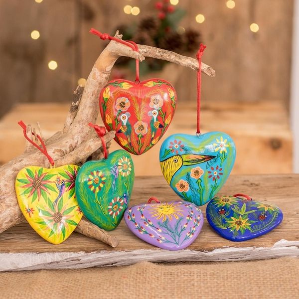 Alternate image for Set of 6 Hand-Painted Ceramic Ornaments with Cotton Bag Hearts of Nature