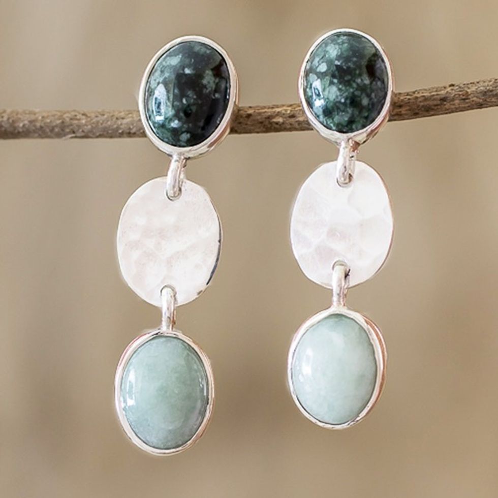 Light and Dark Green Jade Earrings 'Maya Mystery'