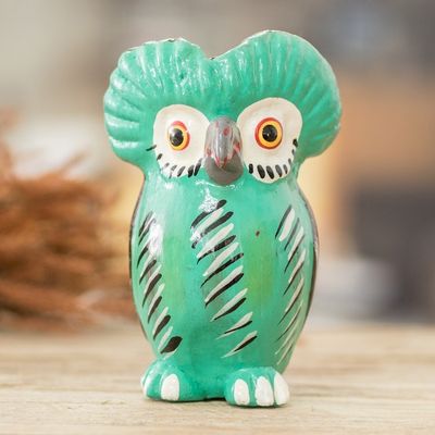 Alternate image for Green Ceramic Owl Figurine Handmade and Painted in Guatemala Adorable Tecolote