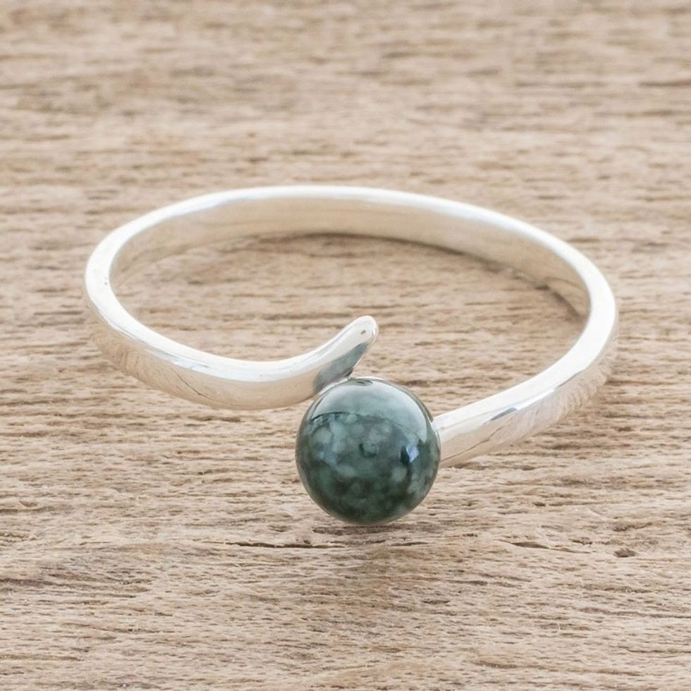 Round Jade Single-Stone Ring in Dark Green from Guatemala 'Abstract Orb in Dark Green'